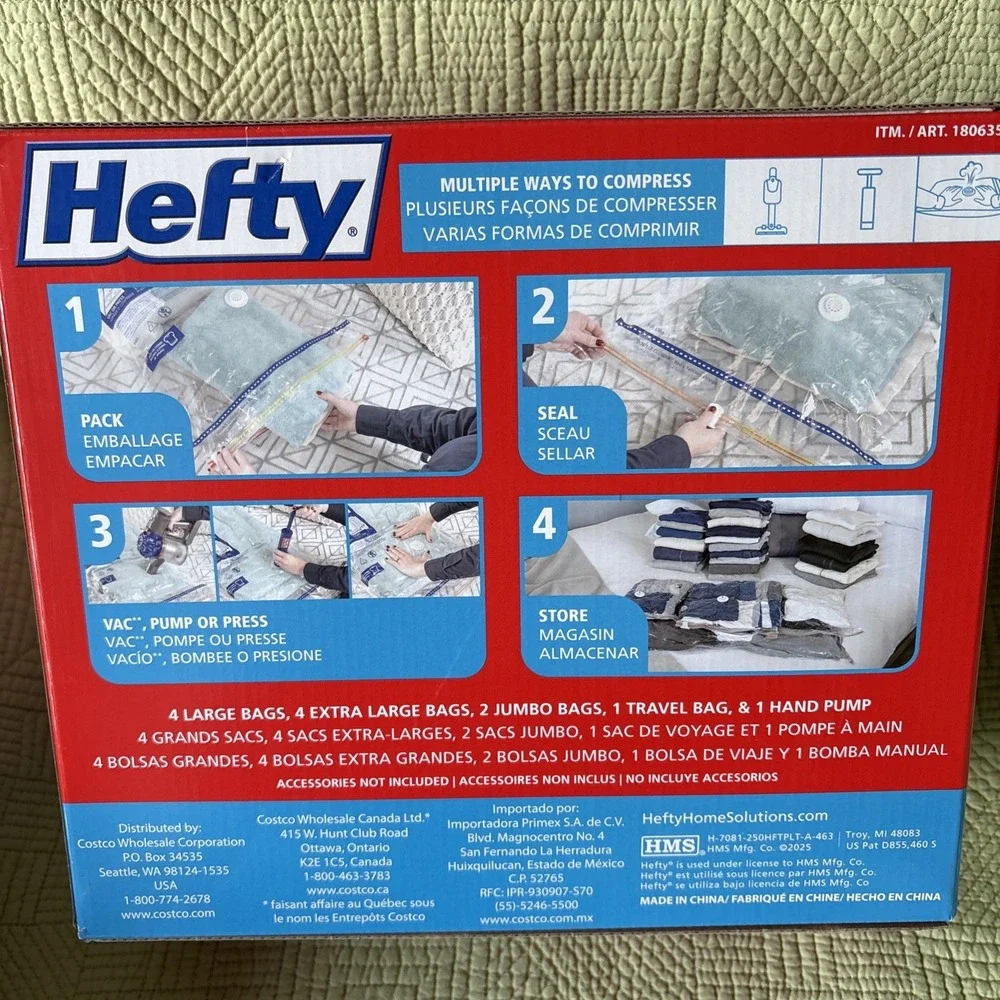Hefty Shrink Pak 12PC Vacuum Storage Bags Variety Pack Assorted Hand Pump Includ
